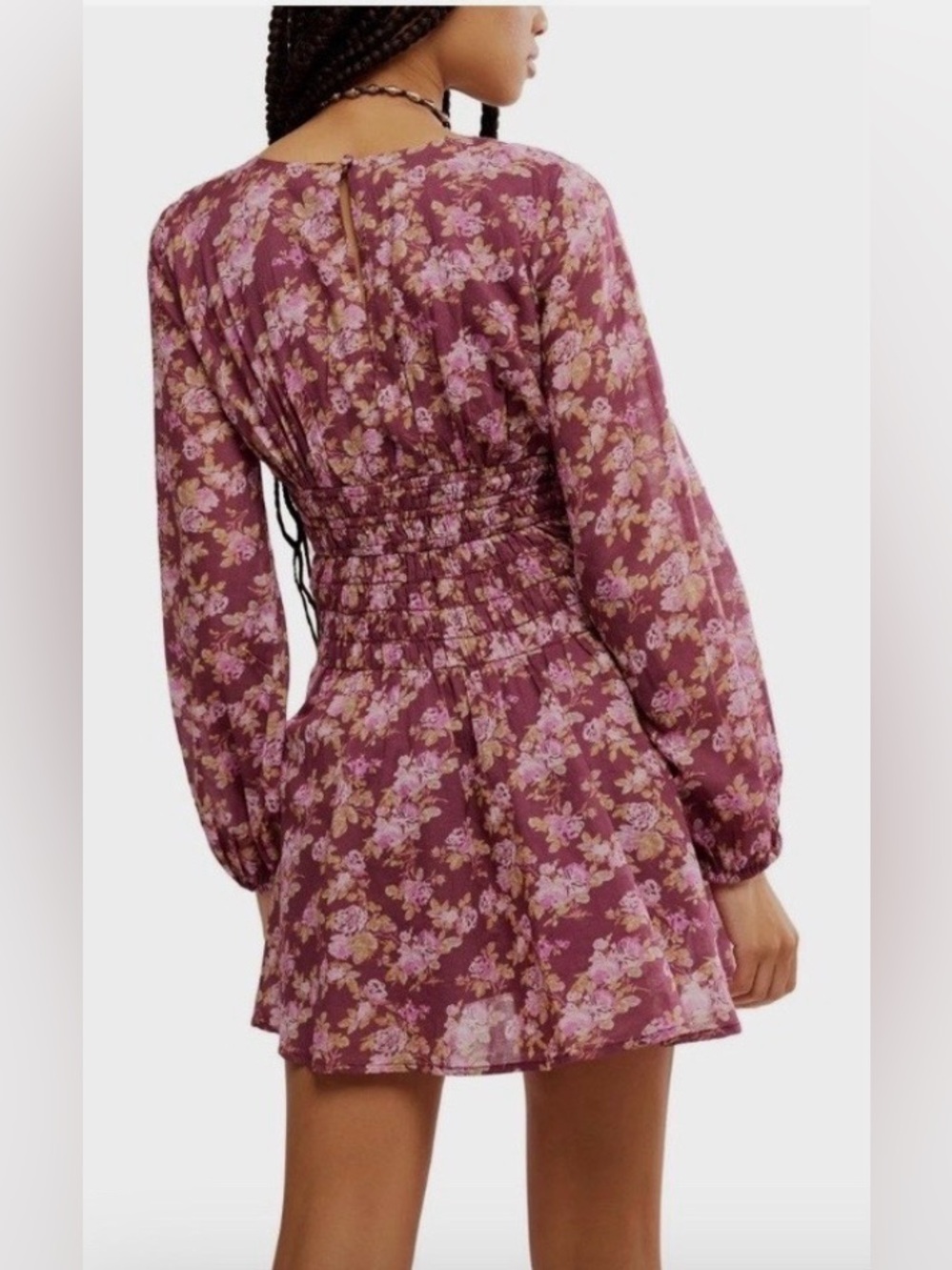 Free People Keep You Mini Dress Floral Smocked V-Neck EUC Size Small - Picture 2 of 9
